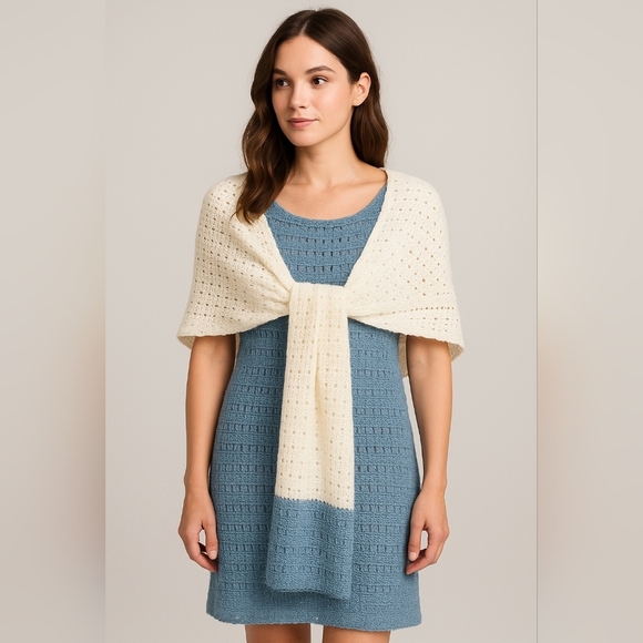 Handmade Blue Crochet Dress & Ivory Scarf Set Fringe Boho Beach Outfit - Picture 7 of 12